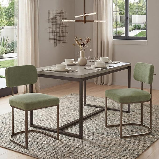 Dining Chairs Set of 2, Upholstered Modern Kitchen Chairs with Ergonomic Backrest, Fabric Cushion & Wire Drawing Curve Metal Legs for Living Room, Restaurant, and Café, Green