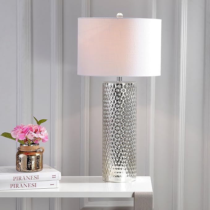JONATHAN Y 30" Silver Isabella Studded Glass Table Lamp, Contemporary Glam Silver Leaf Base with White Linen Drum Shade for Bedroom Living Room, LED Bulb Included JYL1013A