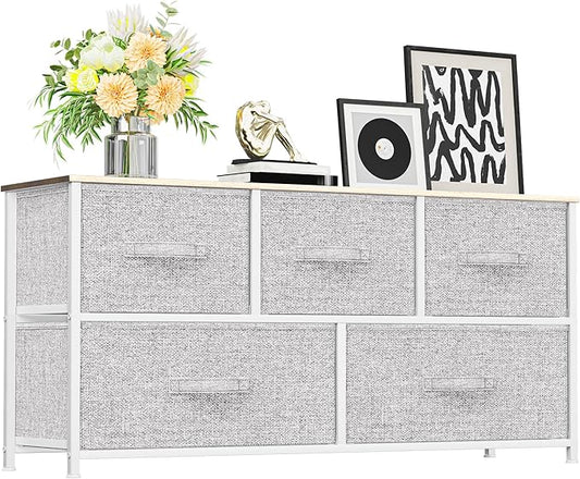 YITAHOME 5 Drawer Dresser - Fabric Storage Tower, Organizer Unit for Bedroom, Living Room, Hallway, Closets - Sturdy Steel Frame, Wooden Top & Easy Pull Fabric Bins