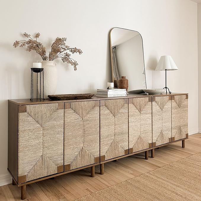 Nathan James Beacon Boho Accent Cabinet with Doors, TV Stand with Adjustable Interior Shelf and Seagrass Accent, Dark Brown, Set of 3