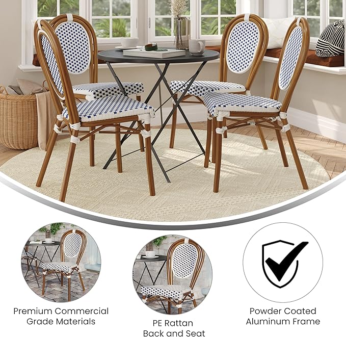 Flash Furniture Lourdes Indoor/Outdoor Commercial Thonet Bistro Stack Chair - White/Navy PE Rattan Back and Seat - Natural Bamboo Print Metal Frame - Set of 4