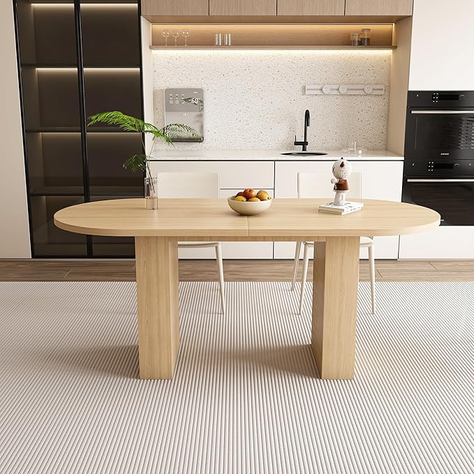 KEIKI 63" Oval Kitchen Table, Modern Farmhouse Kitchen Dining Table for 4-6, Large Round Pedestal Dining Table with Wood Strip Base, Waterproof Scratch Resistant Surface, Natural
