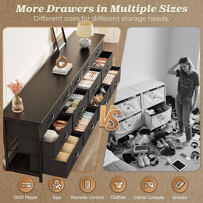 Huuger 70 Inch Dresser for Bedroom, TV Stand for 65, 75, 80 Inch TV, 13 Fabric Drawer Long Dresser, Wide Chest of Drawer, Black Storage Units for Bedroom