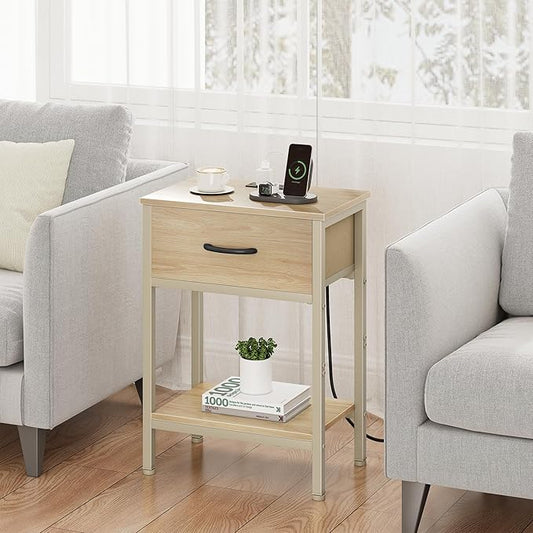 Vagusicc Nightstand with Charging Station, End Table with Fabric Drawer, Small Side Table with 2-Tier Storage Shelves, 25.4" Tall Night Stand, Bedside Table for Bedroom, Living Room, Dorm, Natural