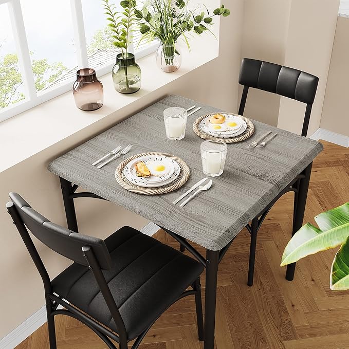3-Piece Dining Table Set for 2, Kitchen Table Set with 2 Upholstered Chairs, Square Dining Table Set for Apartment, Studio, Small Space, Gray