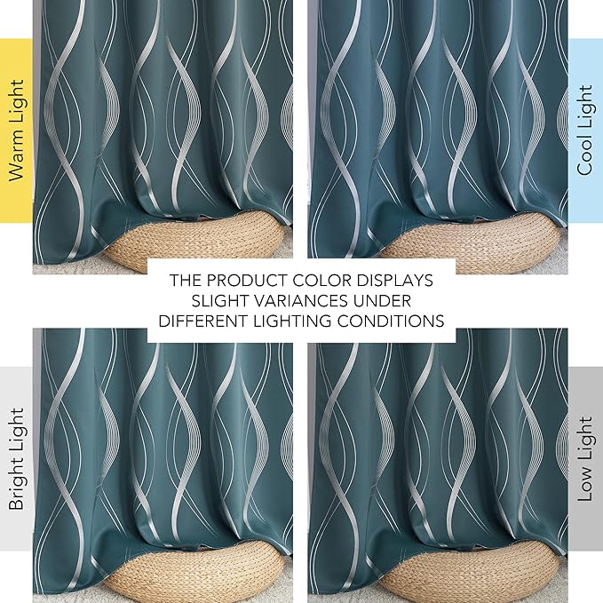 NICETOWN 100% Blackout Curtains Panels for Living Room, Greyish Blue, 52" Wide x 63" Long, 2 Panels, Sound Reducing Thermal Insulated Wave Line Foil Print Design Curtains for Patio Sliding Glass Door