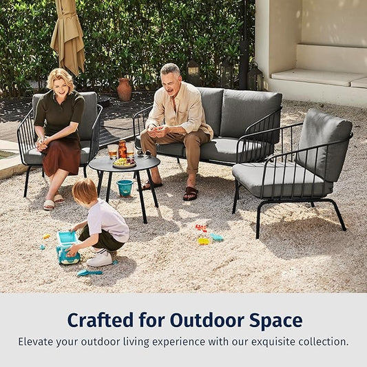East Oak 4-Piece Plaza Patio Furniture Set, Outdoor Furniture with Thick Cushion Sofa and Coffee Table, Modern Patio Conversation Set for Balcony, Poolside and Yard, Black & Grey