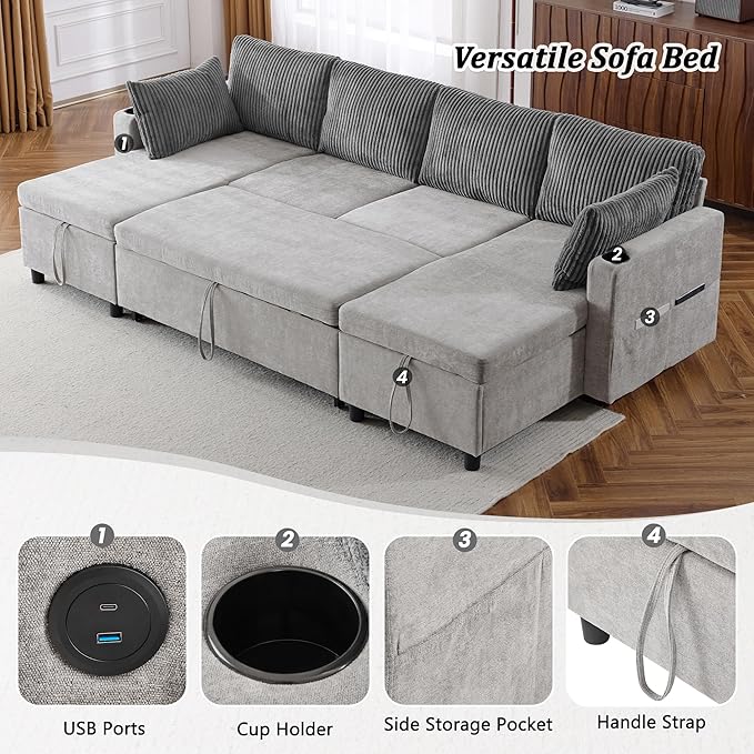 ERYE 113-Inch U-Shaped Pull Out Sleeper Couch Bed, Modern U Shaped Symmetrical Sleeper Sectional Sofa Convertible Sofa Bed with Storage Chaises & USB-C Ports for Living Room