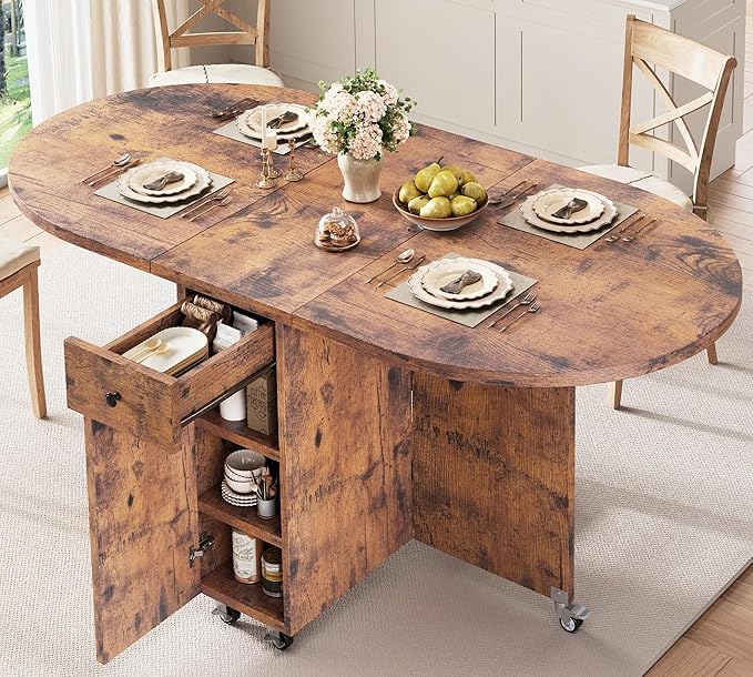 Round Folding Dining Table for 6, Space Saving Drop Leaf Kitchen Table with Storage Drawer, 6 Wheels Oval Gateleg Foldable Dining Table for Small Spaces (Vintage, 51" x 31.5" x 30")