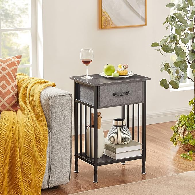 VECELO Nightstands, Industrial Side/End Tables with Drawer and Storage Shelf, Night Stands for Bedroom, Living Room, Wood Metal Furniture, Easy Assembly
