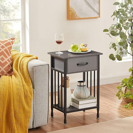 VECELO Nightstands, Industrial Side/End Tables with Drawer and Storage Shelf, Night Stands for Bedroom, Living Room, Wood Metal Furniture, Easy Assembly