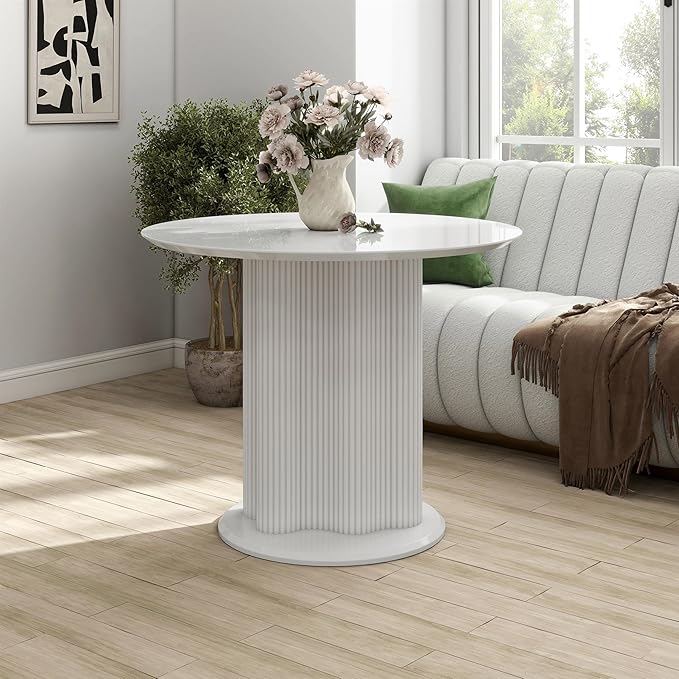 Homes: Inside + Out Elara Modern 39-inch Round Dining Table with Fluted Pedestal Base, Seats up to 4, for Home Kitchen, Living Room, Glossy White