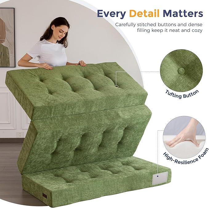 MAXYOYO Tri-Fold Mattress, 6 Inch Tufted Folding Mattress with Chenille Fabric, Portable Full Size Floor Guest Mat for Adults, Foldable Topper for Camping, Green, 53"x75"