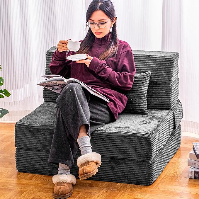 Cvortll Folding Sofa Bed, Convertible Sleeper Chair with Pillow, High Density Memory Foam Fold Out Couch, Foldable Mattress Futon Sofa for Living Room/Dorm/Guest Use/Apartment/Home Office