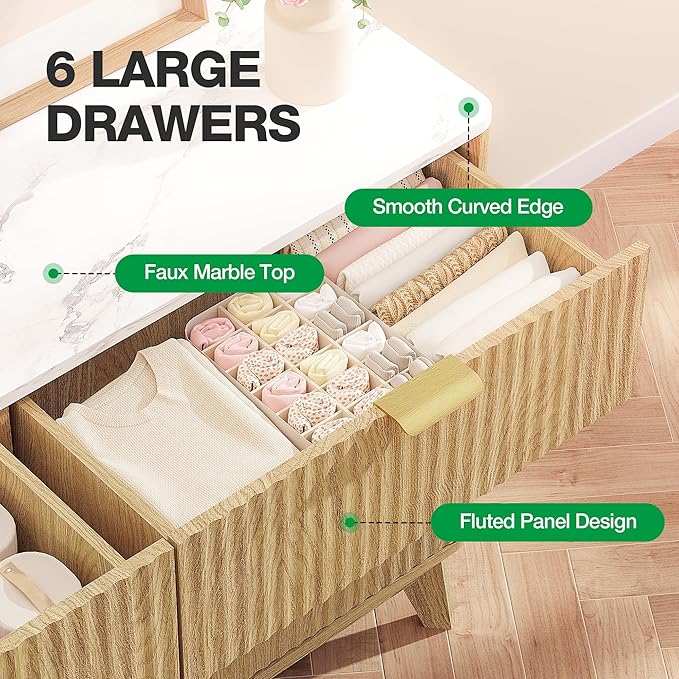 47" Fluted Dresser for Bedroom with Arc-Shaped Corner,6 Drawers,Modern Chest of Drawers with Metal Handle, Wood Closet Clothes Storage Organizer with Curved Edges for Bedroom,Natural