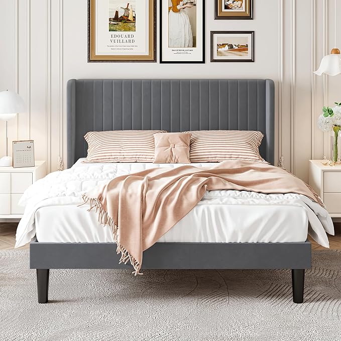 SHA CERLIN Full Size Velvet Bed Frame with Vertical Channel Tufted Wingback Headboard, Upholstered Platform Bed with Wood Slats, No Box Spring Needed, Easy Assembly, Grey