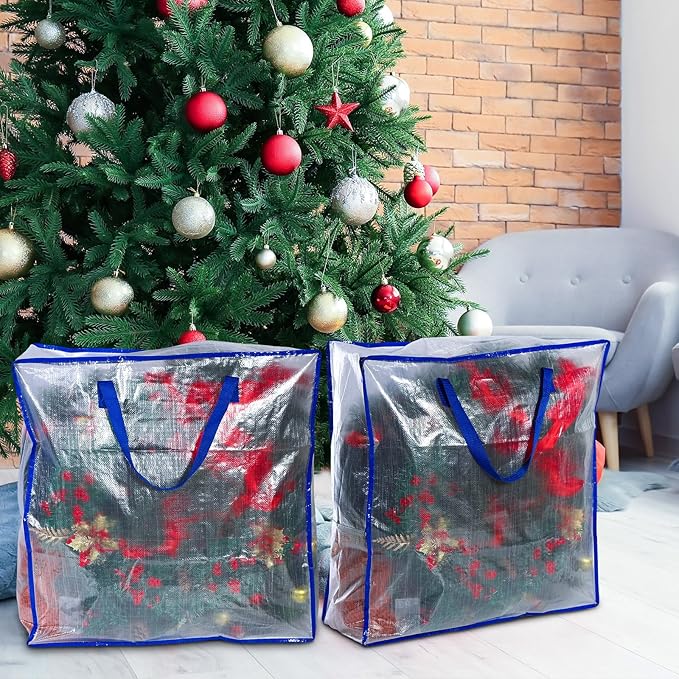8 Pcs Clear Wreath Storage Bags 26 Inch St. Patrick's Garland Container Door Garland Holiday Wreath Storage Holder with Handle and Zipper Heavy Duty Plastic Packing Totes(Blue)