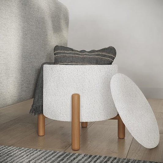Round Sherpa Storage Ottoman Pouf with Removable Lid – Plush Couch Footrest & Hidden Organizer for Small Spaces, Dorm or Living Room by Lavish Home (White)