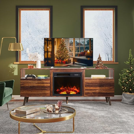 WLIVE Fireplace TV Stand for 55 65 Inch TV, Mid-Century Entertainment Center with Electric Fireplace, Media TV Console with Extra Open Shelf & Storage Cabinets for Living Room Bedroom, Rustic Brown