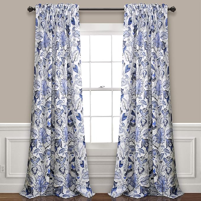 Lush Decor, Blue Cynthia Jacobean Darkening Window Curtains Set for Living, Dining Room, Bedroom, 108" L Panel Pair
