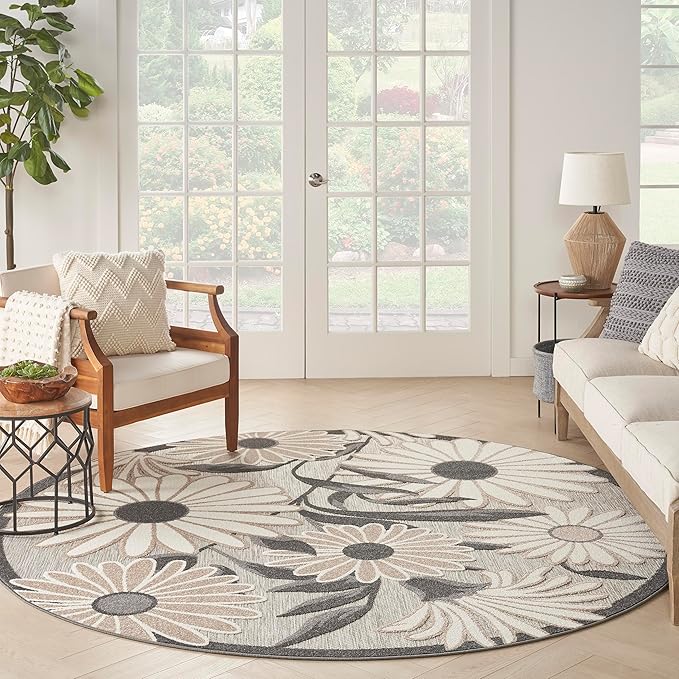 Nourison Home Aloha Beige 5'3" x Round Area Rug - Easy Clean, Non Shedding, Bed Room, Living Room, Dining Room, Kitchen (5' x Round)
