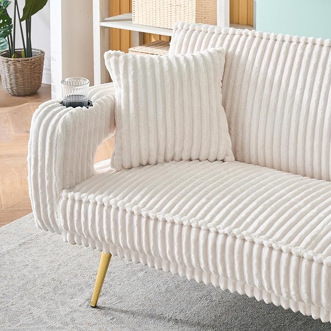 Luxury Plush Corduroy Upholstered Futon Sofabed Living Room Loveseat Sofa Convertible Sleeper Couch Bed with Style Armrests,Cupholders and Pillows, Love Seat Sofa&Couch for Home/Studio/Apartment