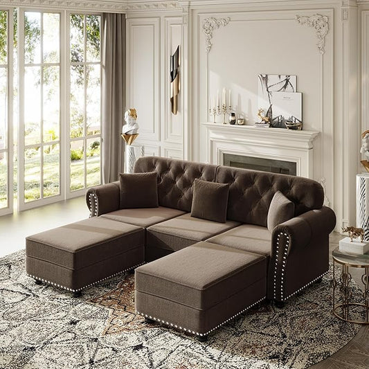 KEIKI 83" Velvet Chesterfield Sofa with Rolled Arms & Nailhead Trim & 2 Ottoman, Modern 3-Seater Button Tufted Couch with High Resilience Cushion & 3 Pillow, Easy Assembly, for Living Room, Brown