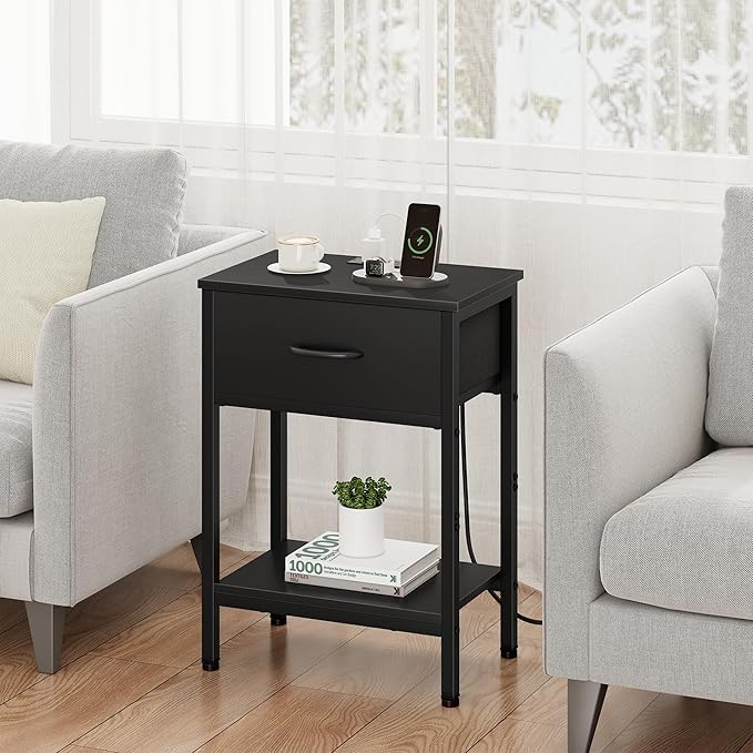 Vagusicc Black Nightstand with Charging Station, End Table with Fabric Drawer, Small Side Table with 2-Tier Storage Shelves, 25.4" Tall Bedside Table, Black Night Stand for Bedroom, Living Room, Dorm