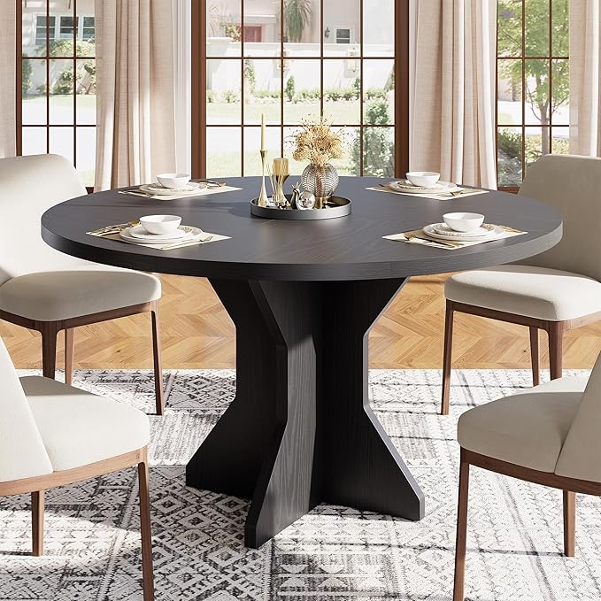 IDEALHOUSE Round Dining Table, 47" Kitchen Table for 4-6 People, Circle Tables with Sturdy Pedestal Base, Space Saving Dinning Room Furniture for Living Room, Kitchen, Apartment, Black
