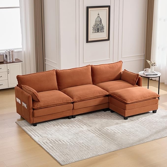 103" Oversized Modular Sectional Sofa Couch with Reversible Ottoman, Free Combination Convertible Corner Couch,Corduroy Upholstered Cloud Sectional Couch with Side Pockets | Multiple Cushions, DIY Combination, Removable Cover