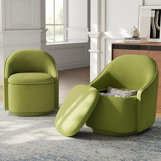 LINSY Swivel Accent Chair Set of 2, Comfy Chenille Barrel Chairs with Storage 360 Swivel Modern Armchair for Living Room Bedroom, Small Boucle Reading Chair for Study Room (Green)