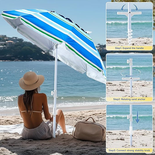 beach umbrella with sand anchor,UPF 50+protection,8 ribs, beach umbrellas for sand portable,with button tilt - multifunctional outdoor sunshade for gardens,courtyards,and beaches.