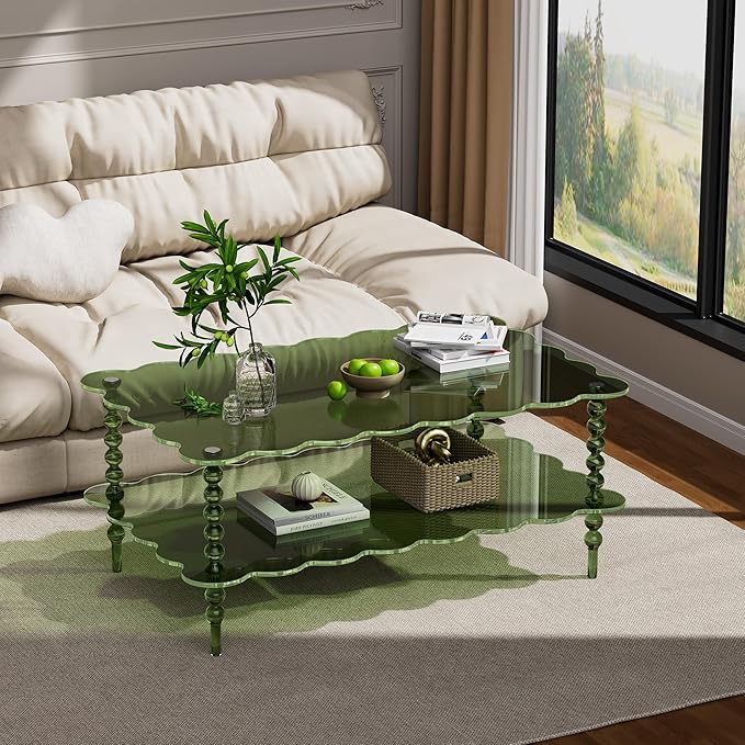 Acrylic Coffee Table, 2-Tier Living Room Table with Storage, Center Table Mid-Modern Century for Living Room, Easy to Assemble (Green, 37.8“×23.6“×15.7”)