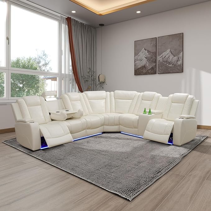 Breathing Leather Reclining Sectional Sofa with LED,Power Recliner Sectional Couch with Armrest Storage&Cup Holders, L Shaped Recliner Corner Couch for Living Room (Cream White Upgraded)