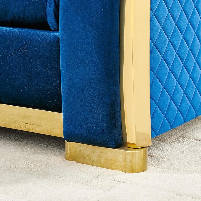 KEIKI 106" L-Shaped Luxury Velvet Chesterfield Sectional Sofa with Gold Stainless Steel Accents and 5 Pillows, Mid-Century Oversized 5-Seater Button Tufted Couch, Easy Assembly, for Living Room, Blue
