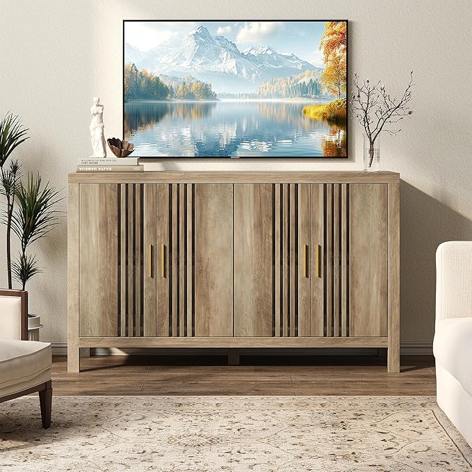 Sideboard Buffet Cabinet with Storage, 55" Large Kitchen Buffet Cabinets Farmhouse Storage Cabinet, Wood Coffee Bar Sideboards for Kitchen, Entryway, Living Room, Natural Oak