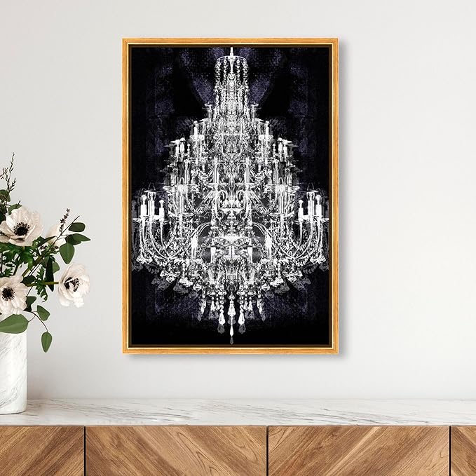 The Oliver Gal Artist Co. Fashion and Glam Framed Wall Art Canvas Prints 'Montecarlo Crystal' Chandeliers Home Décor, 16" x 24", White, Black