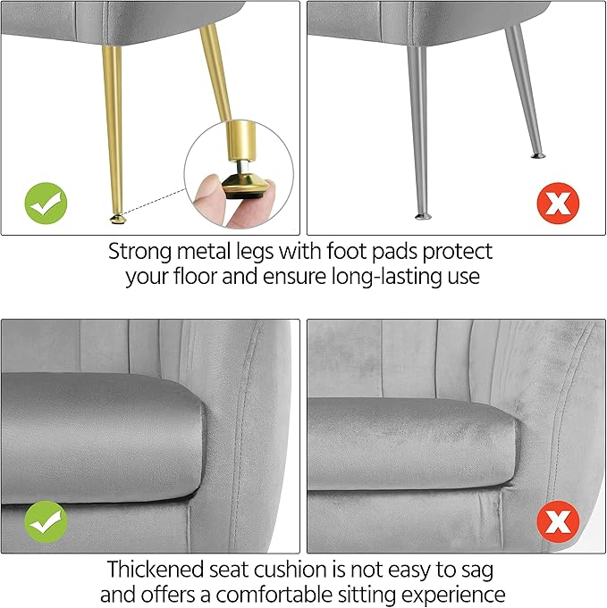 Yaheetech Modern Vanity Chair, Velvet Soft Accent Chair with Gold Metal Legs, Tufted Armchair Chaise Lounge for Living Room/Bedroom, Gray