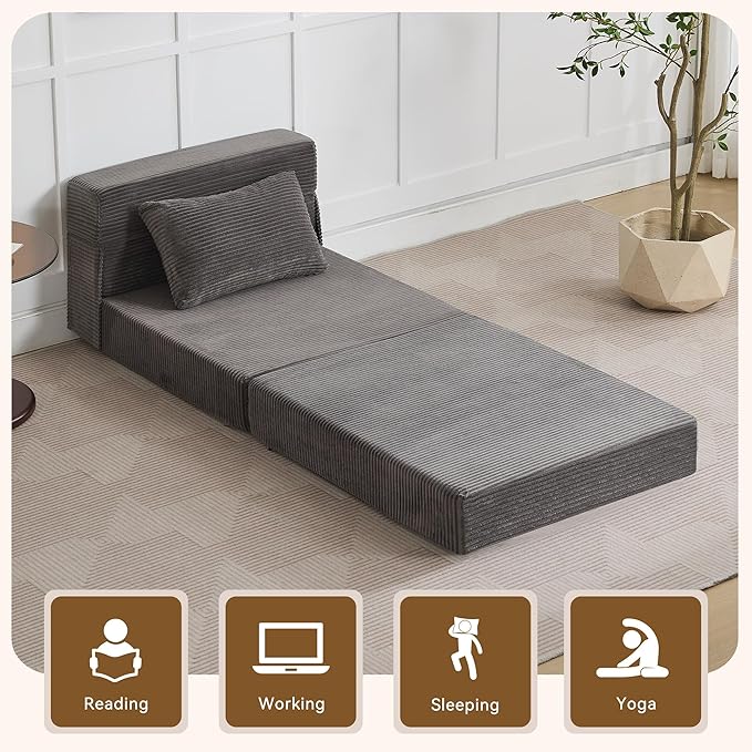 WUTUTUEE Folding Sofa Bed Convertible Floor Couch Foldable Chair Bed with Pillow，Linen Sleeper Chair Futon,Foldable Memory Foam Mattress for Bedroom/Living Room/Dorm/Office (Corduroy Grey, Single)