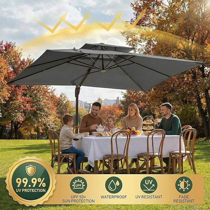 Hoteel 10ft Patio Umbrella Heavy Duty Aluminum Windproof & Shade Provision Outdoor Cantilever Double Top Offset Large Umbrella Height Adjustable with 360°Rotation for Patio Pool Deck Gazebo, Gray