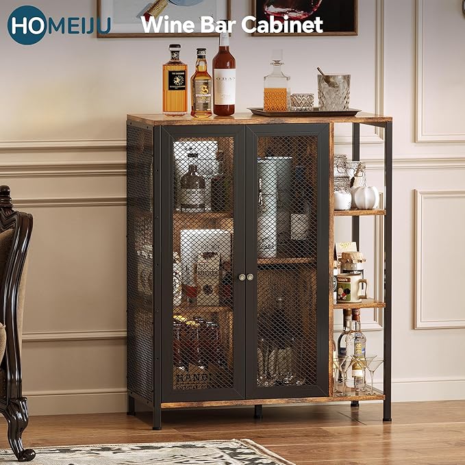Coffee Bar Cabinet with Storage, Liquor Cabinet Bar with 2 Visible Doors, Small Coffee Station Cabinets, Farmhouse Industrial Buffet Sideboard Cabinets for Home Kitchen, Dining Room, Living Room