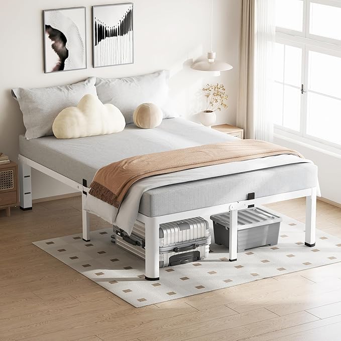 20 Inch Queen Size White Bed Frame, 3500Lbs Heavy Duty Metal Platform with Round Corner Legs Mattress Slide Stopper, Steel Slat Support No Box Spring Needed, Noise Free, Easy Assembly