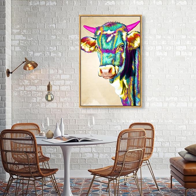 Country Farmhouse Canvas Print Painting Animal Wall Art 'Fun Colorful Glam Farm Cow' Gold Framed Canvas Rustic Home Décor 24x36 in Green, Pink by Oliver Gal