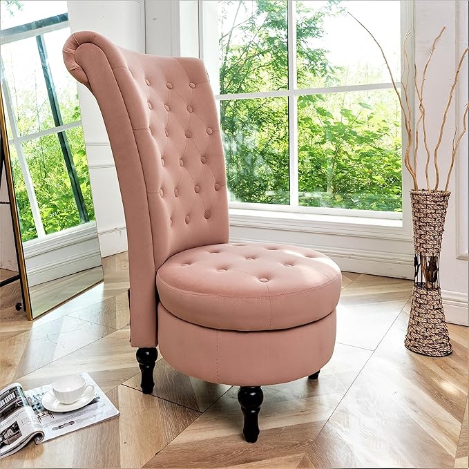 Royal High-Back Velvet Accent Chair for Vanity with Storage and Luxurious Upholstery, Retro Design and Versatile Usage for Living Room, Bedroom, Lounge and Office, Rose
