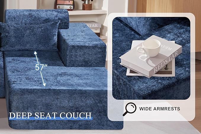 HABUTWAY 105" L-Shape Modular Sectional Sofa Couch for Living Room,No Assembly Required,Modular Comfy Sofa with Deep Seat for Living Room Bedroom,Luxury Distressed Velvet(Right,Blue)