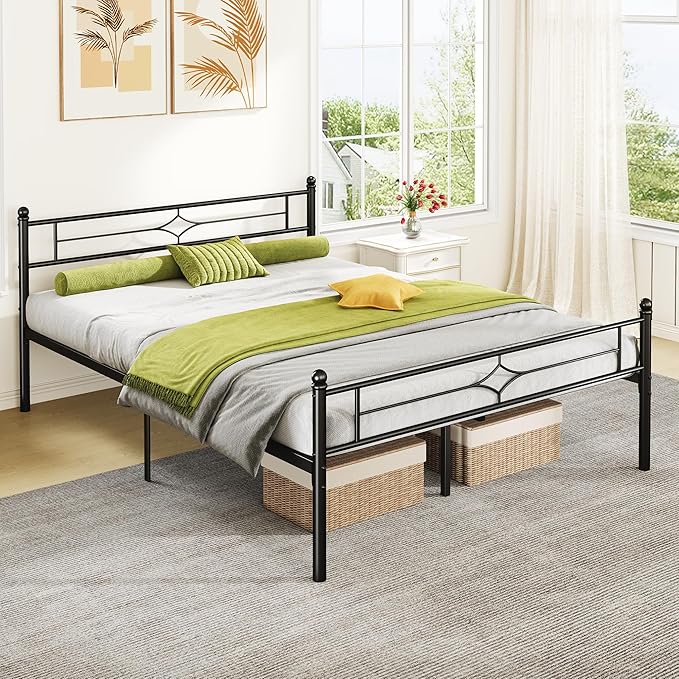 Full Size Metal Platform Bed Frame with Vintage Headboard and Footboard, Sturdy Queen Bed Frame, 12.5 Inch Under Bed Space, No Box Spring Needed, Easy to Assemble, Noise Free, Black