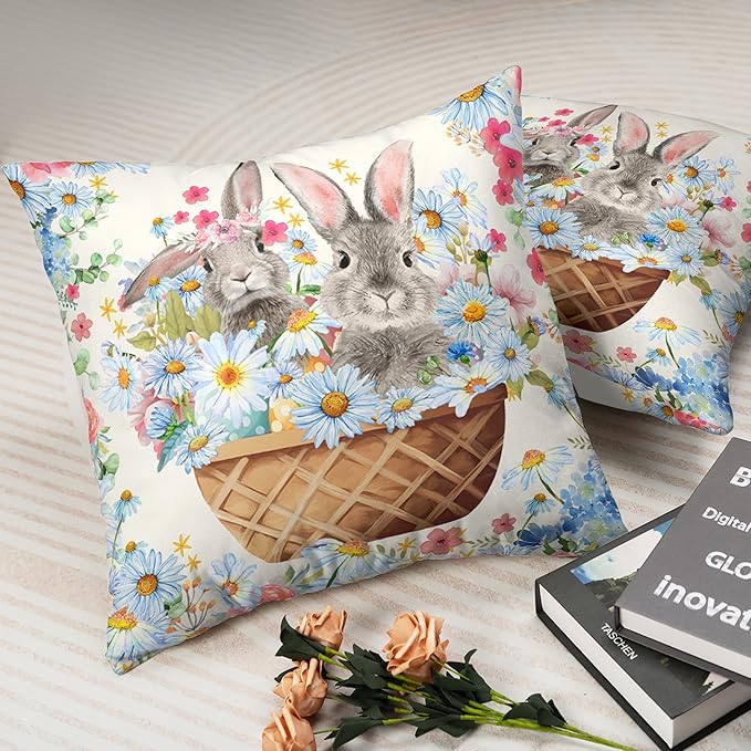 Easter Bunny Pillow Covers 20x20 Spring Rabbit Daisy Floral Throw Pillow Covers A Basket Filled with Lovely Bunny and Flowers Pillowcase Cushion Case for Sofa Patio Garden 2 Pack