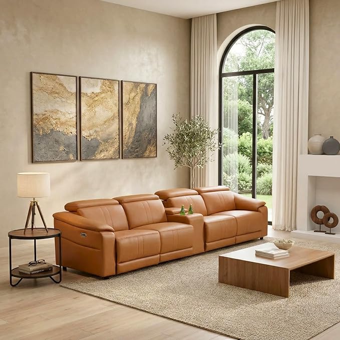 Breathing Leather Recliner Sectional Sofa, Reclining Sectional Couch with Adjustable Headrest&Storage Console, L Shaped Couch with Dual Recliner for Living Room (Four Seater Sofa+Console)