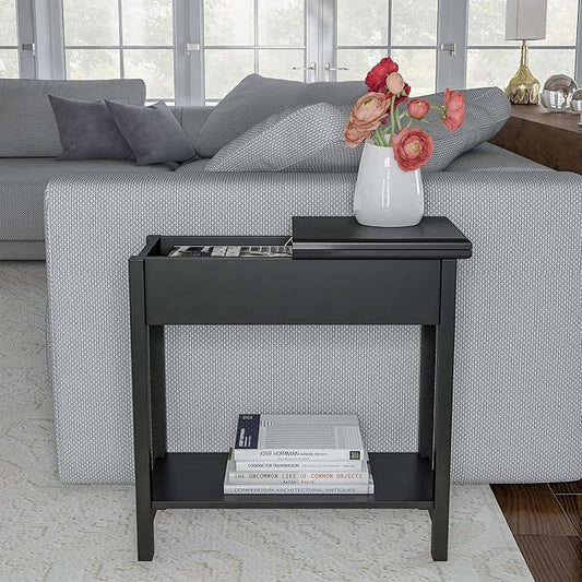 Lavish Home Flip Top End Table - Narrow End Table and Slim Console with Storage Compartment and Lower Shelf for Living Room, Hallway, Entryway and Small Spaces (Black)