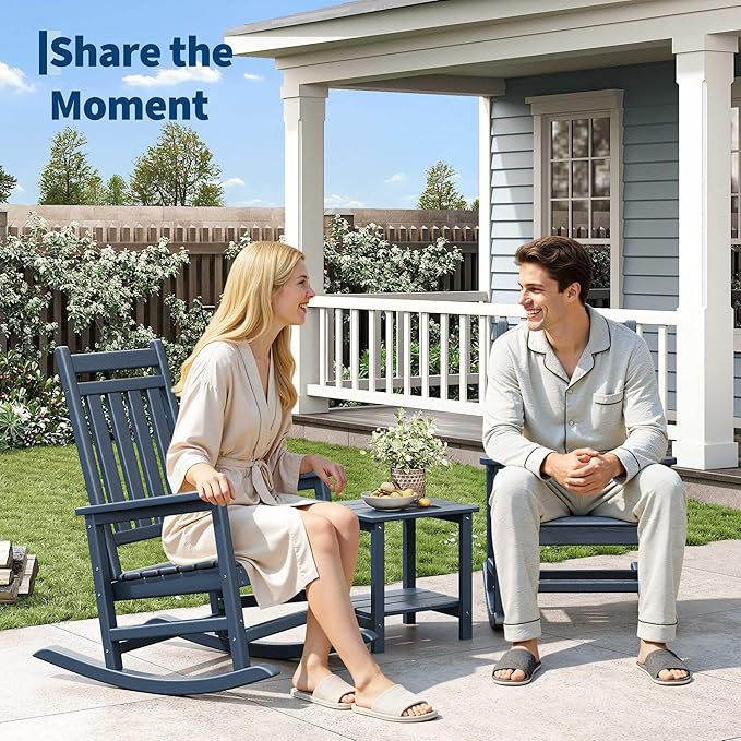 HDPE Rocking Chair Outdoor Set of 4 - Poly High Back Porch Rocker Chairs for Adults - All Weather Resistant Furniture for Patio Front Porch - Navy Blue